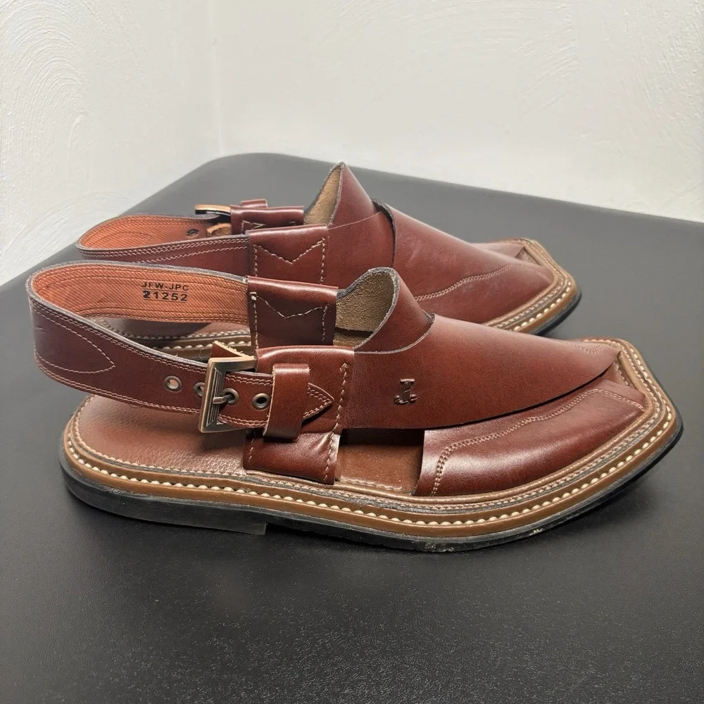 J. Handmade Peshawari Leather Chappal BROWN Eid Mens Pakistani Elite Sandal Sz 8